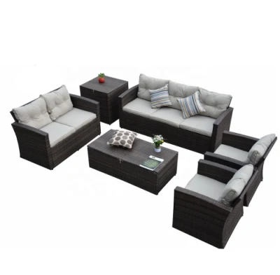 Heißer Verkauf Top Qualität Stahl Rattan Sofa Set Funktionelle Kissen Box Allwetter Outdoor Garten Korbmöbel